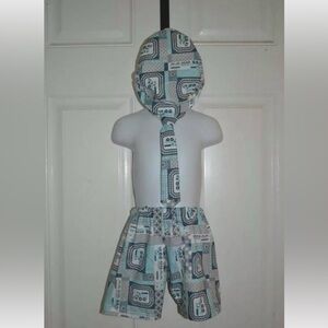 NWOT 18M machine sewn teal/Blue/white train shorts, tie, and Newsboy Hat set